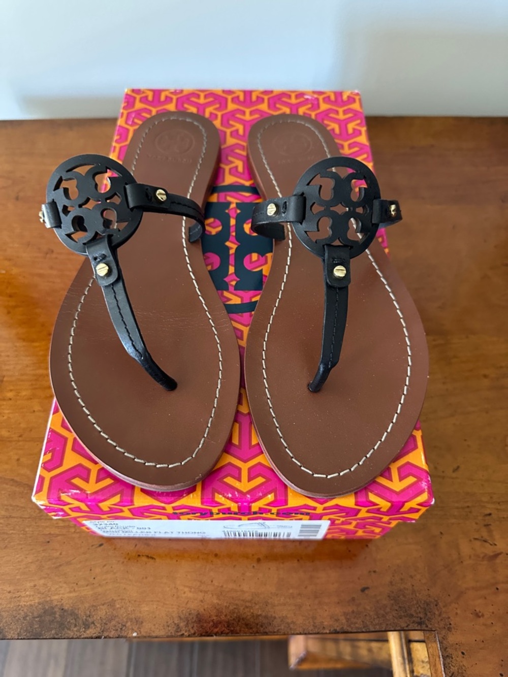 Tory Burch, Mini Miller, Black Logo Medallion Leather Thong Sandals